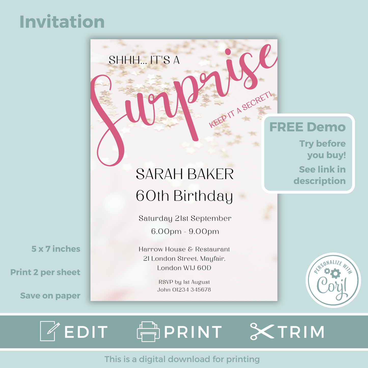 Editable Birthday Invitation and FREE Thank You Tag - Surprise Pink