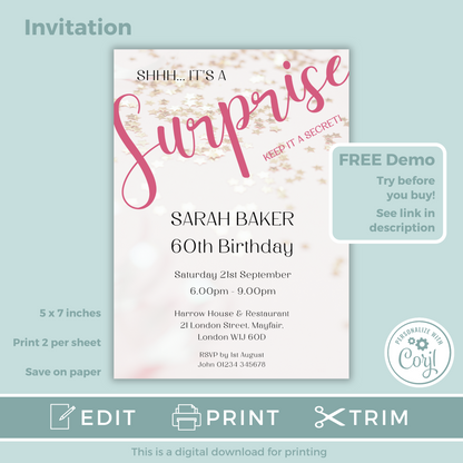 Editable Birthday Invitation and FREE Thank You Tag - Surprise Pink