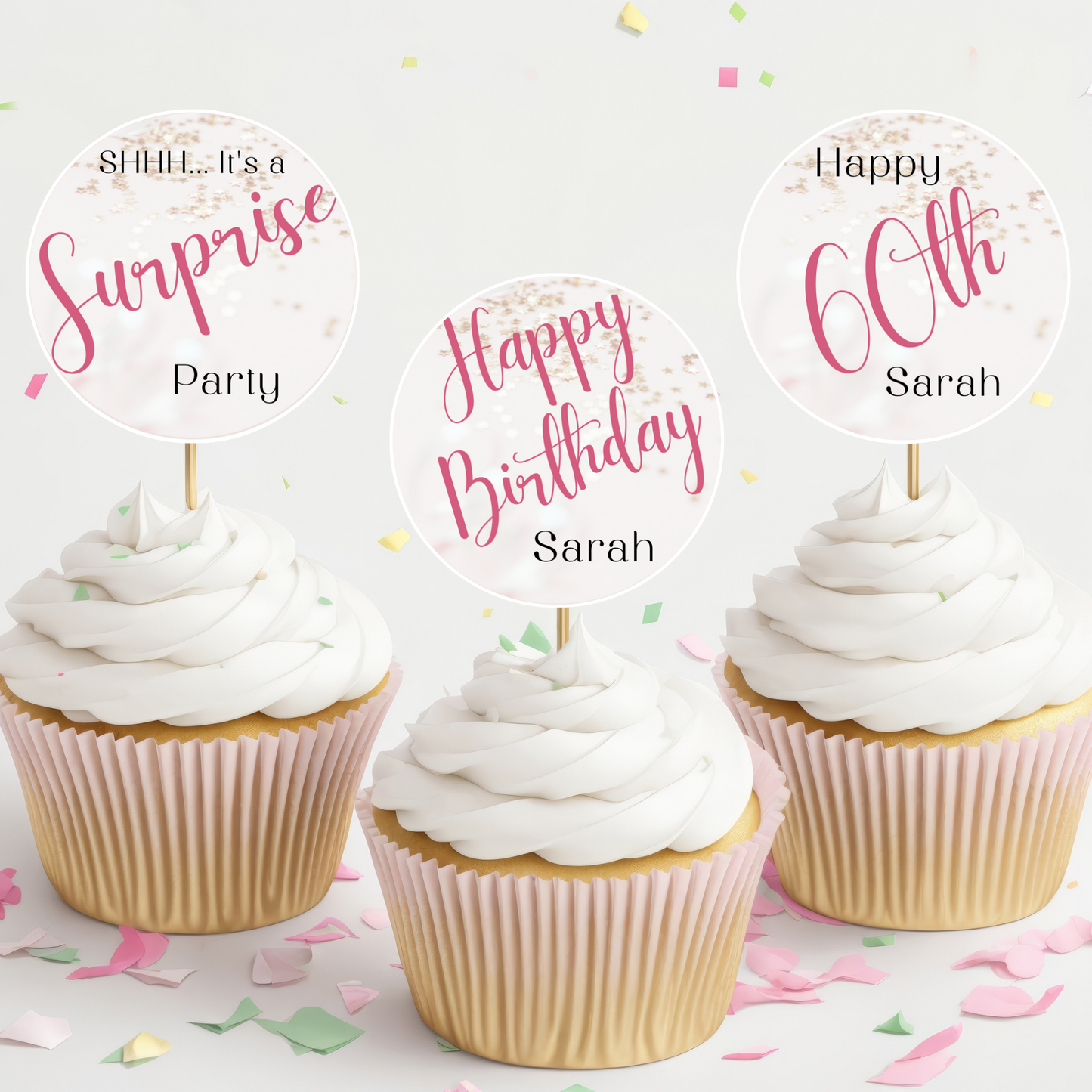 Editable Birthday Cupcake Toppers - Surprise Pink