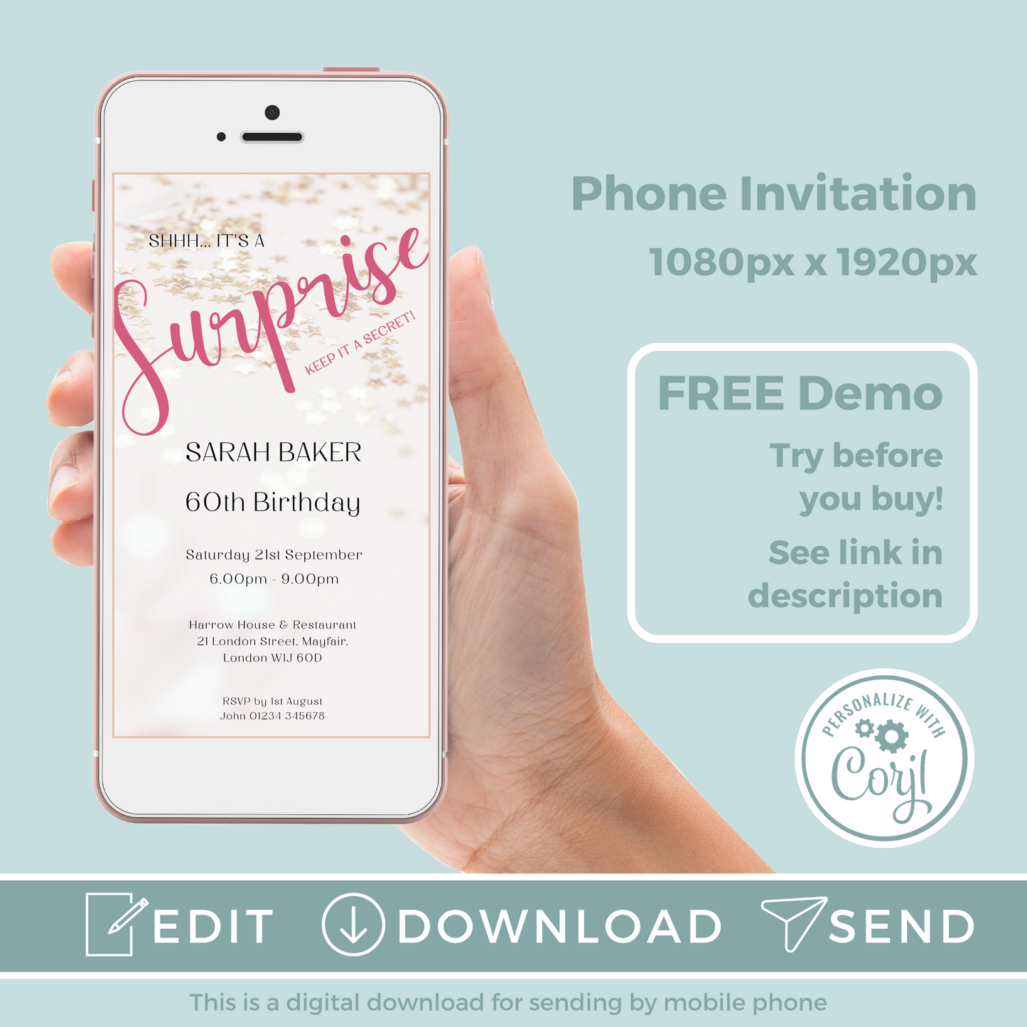 Editable Phone Birthday Invitation and FREE Thank You Tag - Surprise Pink