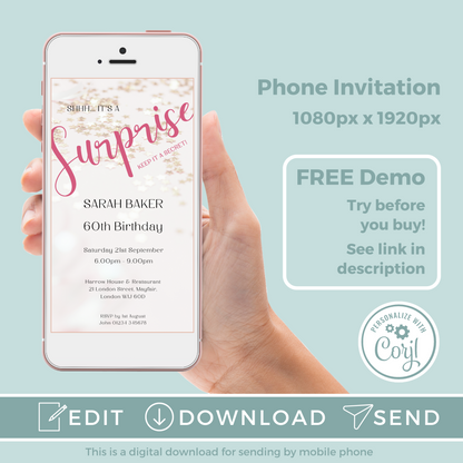 Editable Phone Birthday Invitation and FREE Thank You Tag - Surprise Pink