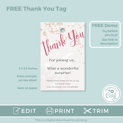Editable Birthday Invitation and FREE Thank You Tag - Surprise Pink