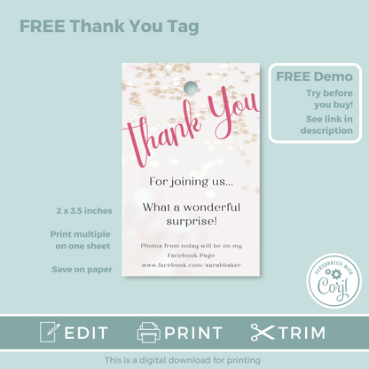 Editable Phone Birthday Invitation and FREE Thank You Tag - Surprise Pink