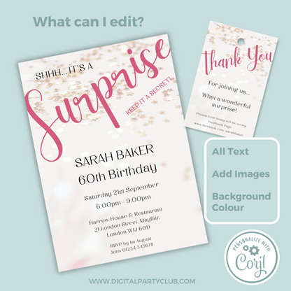 Editable Birthday Invitation and FREE Thank You Tag - Surprise Pink
