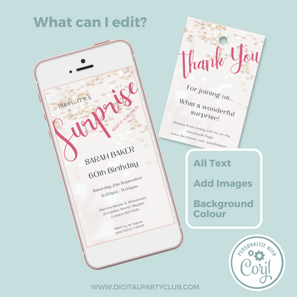 Editable Phone Birthday Invitation and FREE Thank You Tag - Surprise Pink