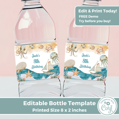 Editable Birthday Water Bottle Label - Under the Sea