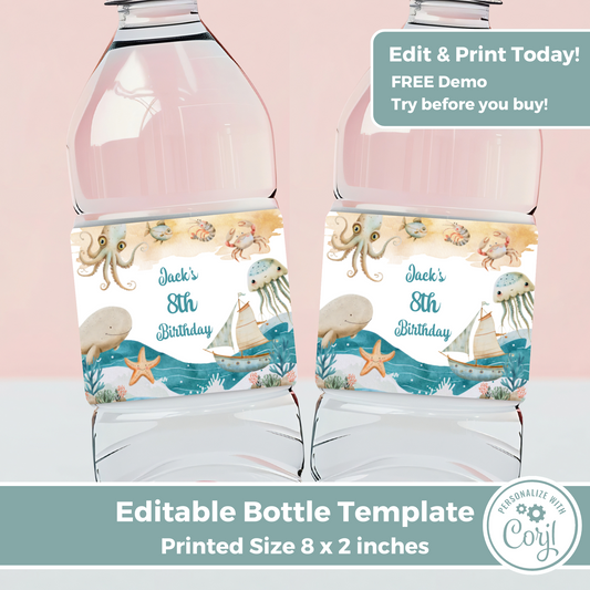 Editable Birthday Water Bottle Label - Under the Sea