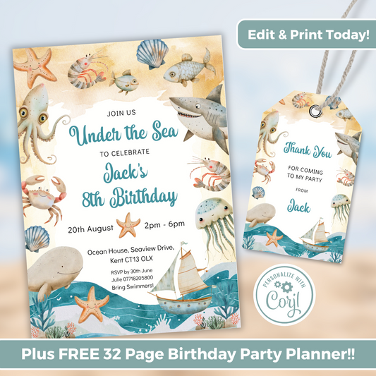 Editable Birthday Invitation and FREE Thank You Tag - Under the Sea Boy