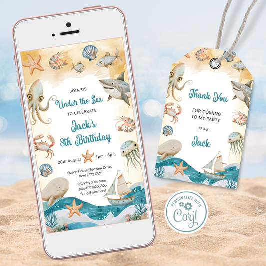 Editable Phone Birthday Invitation and FREE Thank You Tag - Under the Sea Boy