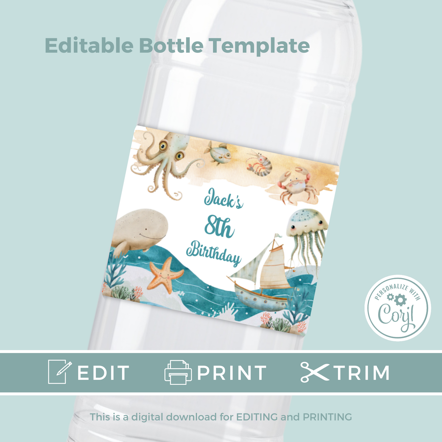 Editable Birthday Water Bottle Label - Under the Sea