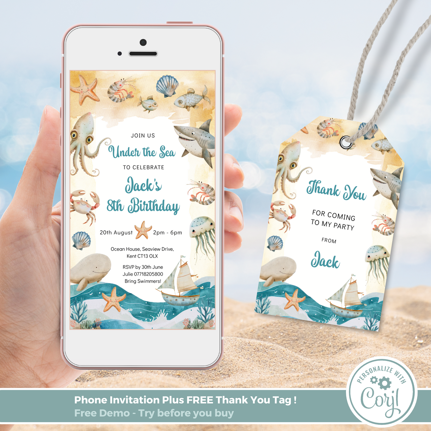 Editable Phone Birthday Invitation and FREE Thank You Tag - Under the Sea Boy