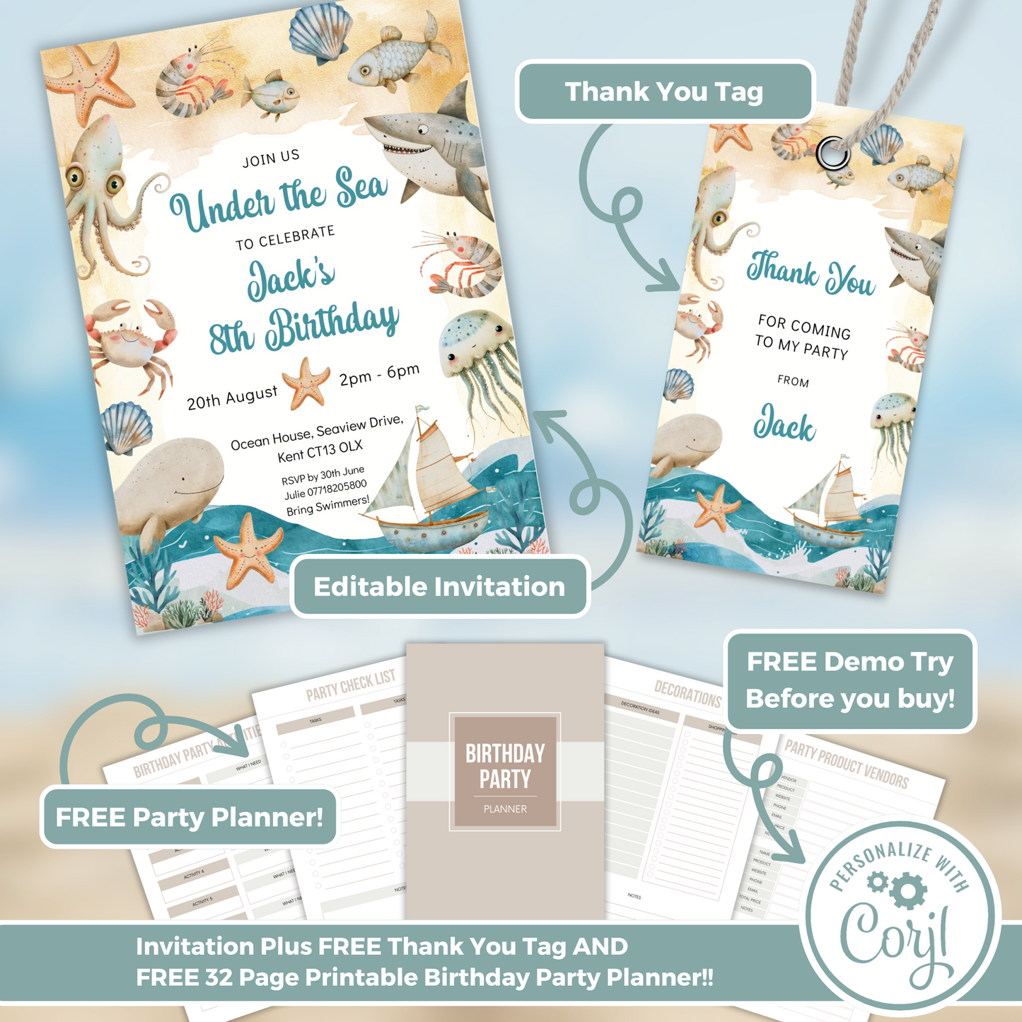 Editable Birthday Invitation and FREE Thank You Tag - Under the Sea Boy