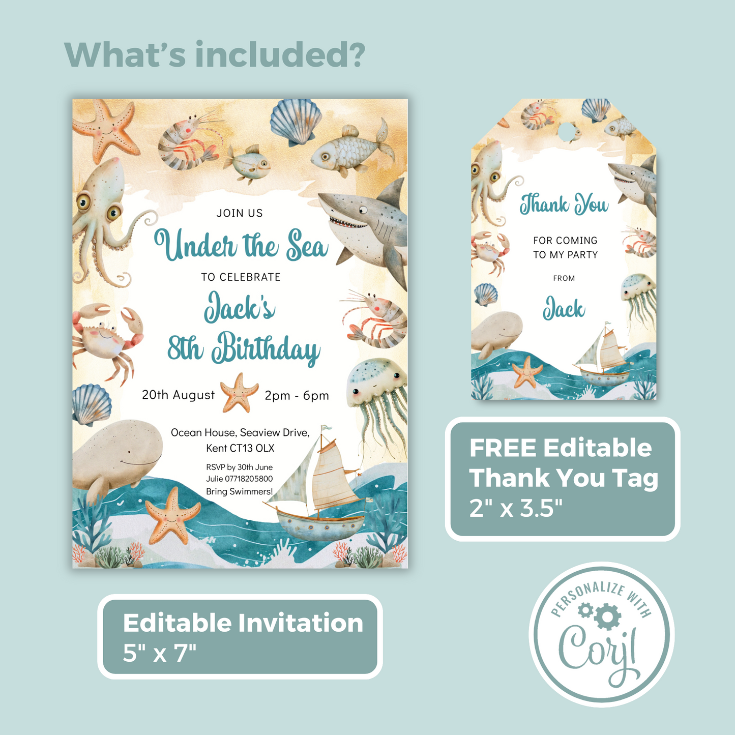 Editable Birthday Invitation and FREE Thank You Tag - Under the Sea Boy