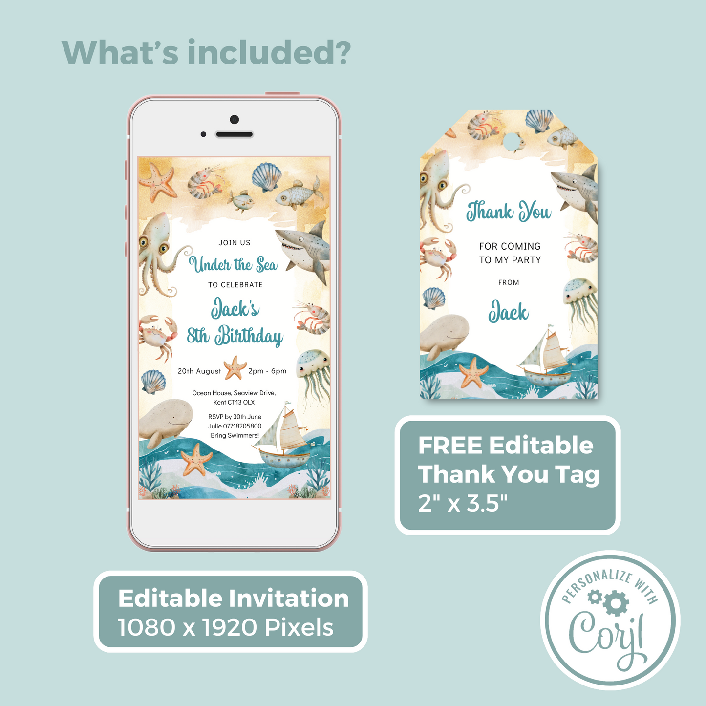 Editable Phone Birthday Invitation and FREE Thank You Tag - Under the Sea Boy