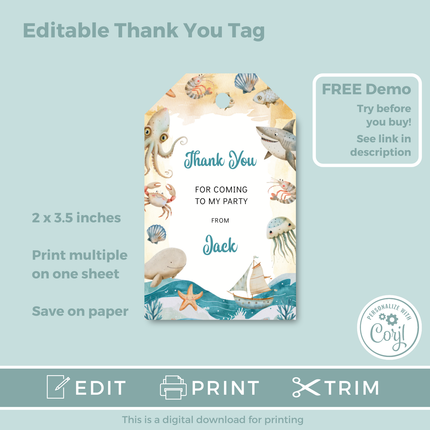 Editable Birthday Thank You Tag - Under the Sea Boy