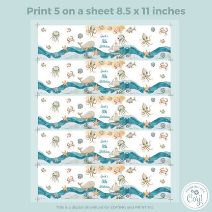 Editable Birthday Water Bottle Label - Under the Sea