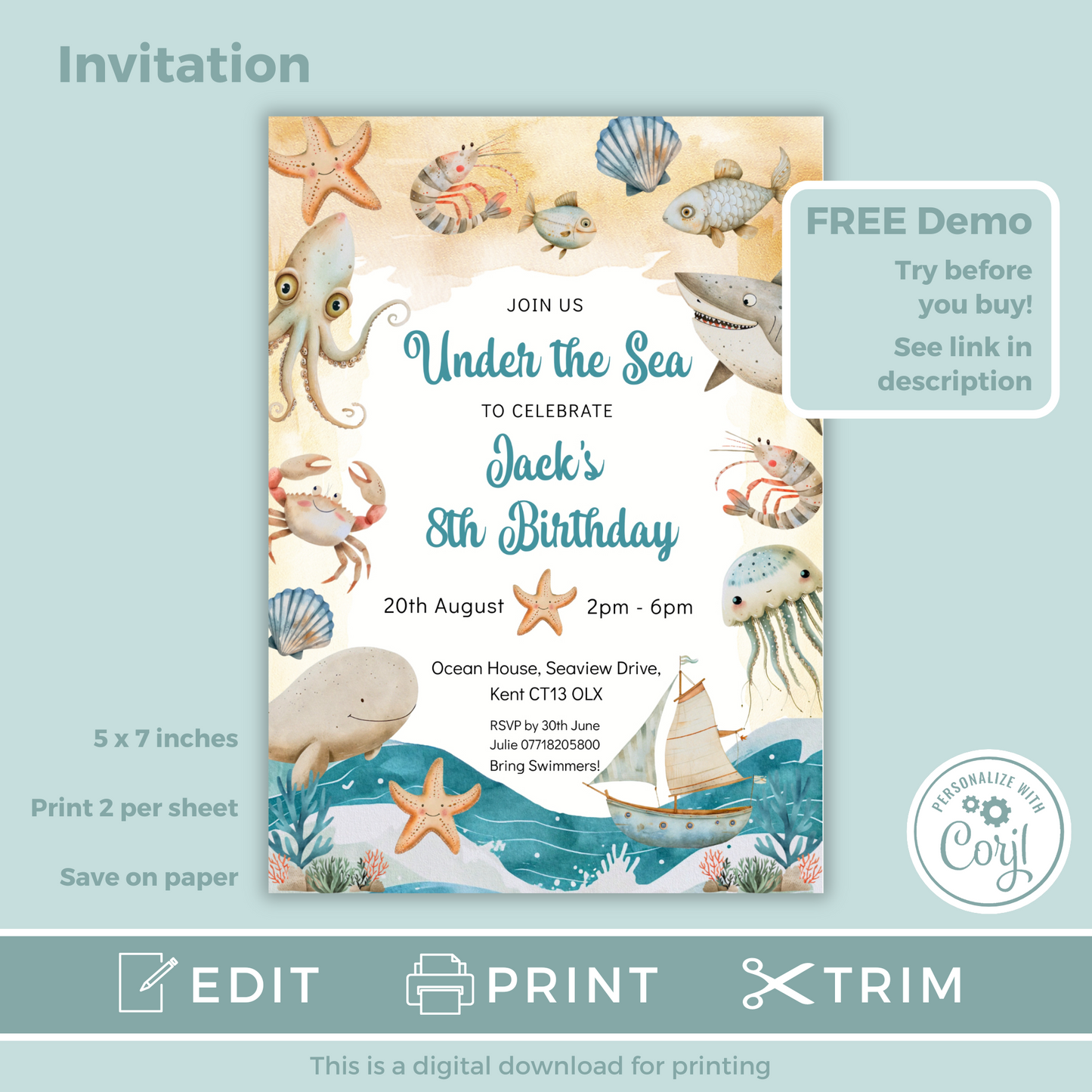 Editable Birthday Invitation and FREE Thank You Tag - Under the Sea Boy