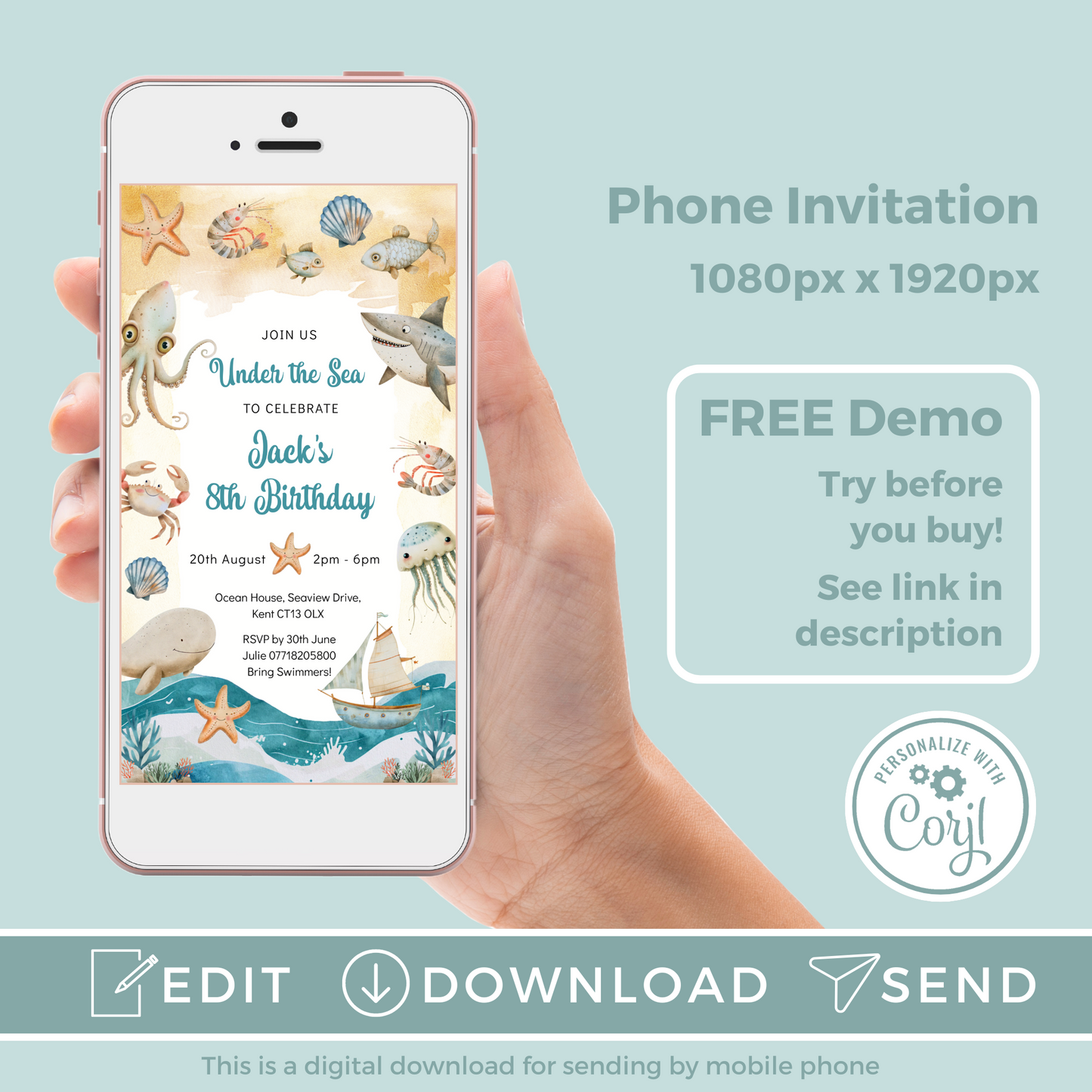 Editable Phone Birthday Invitation and FREE Thank You Tag - Under the Sea Boy