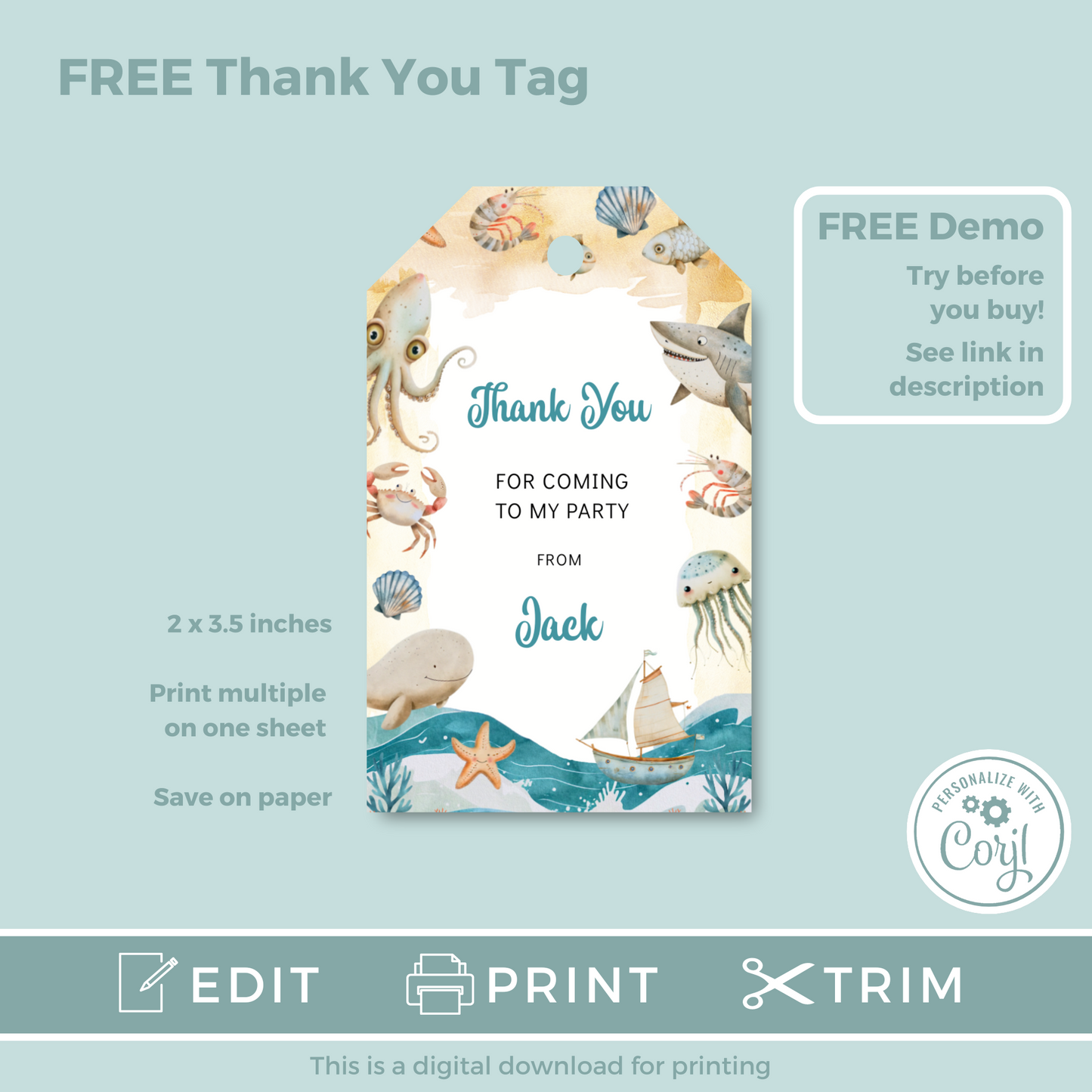 Editable Phone Birthday Invitation and FREE Thank You Tag - Under the Sea Boy