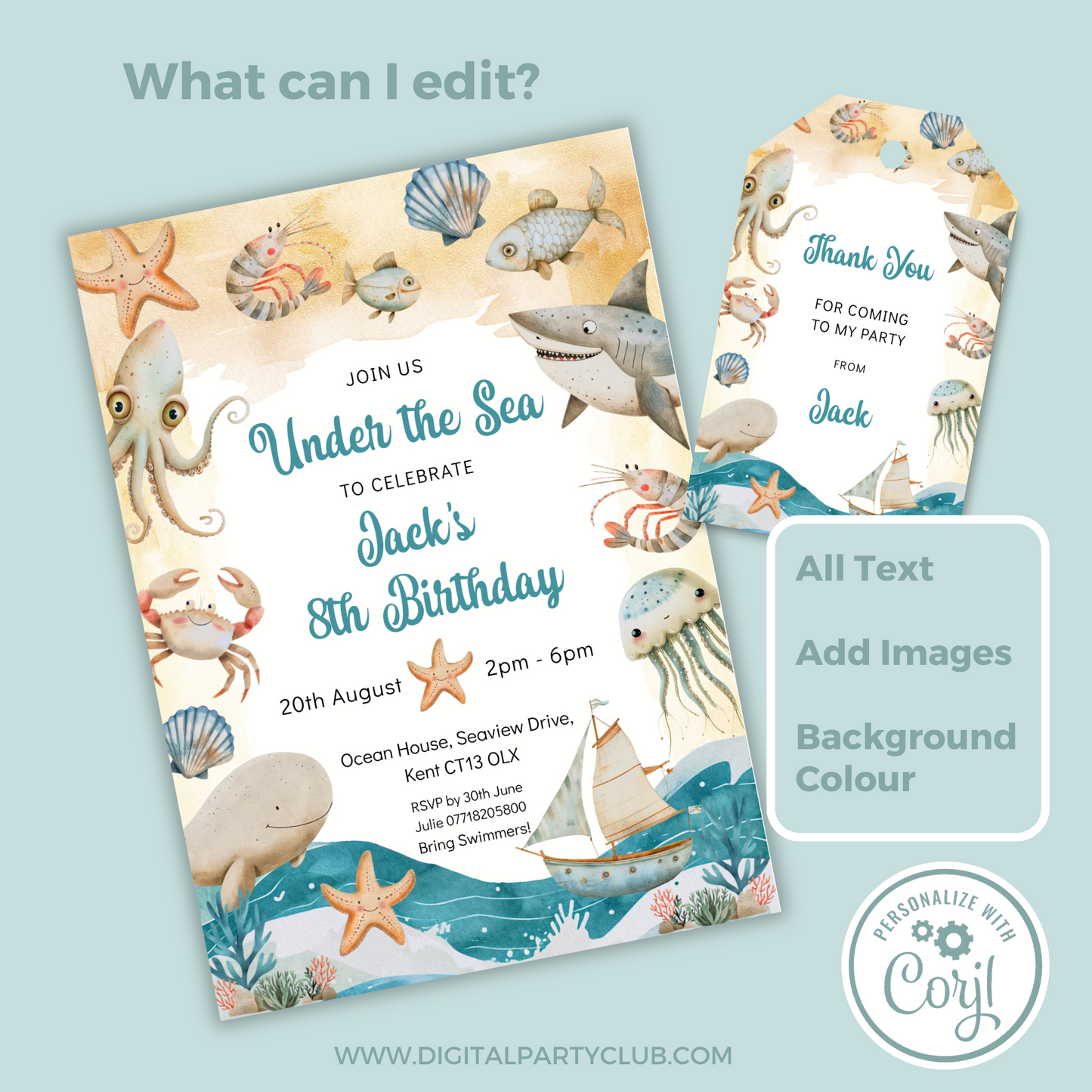 Editable Birthday Invitation and FREE Thank You Tag - Under the Sea Boy