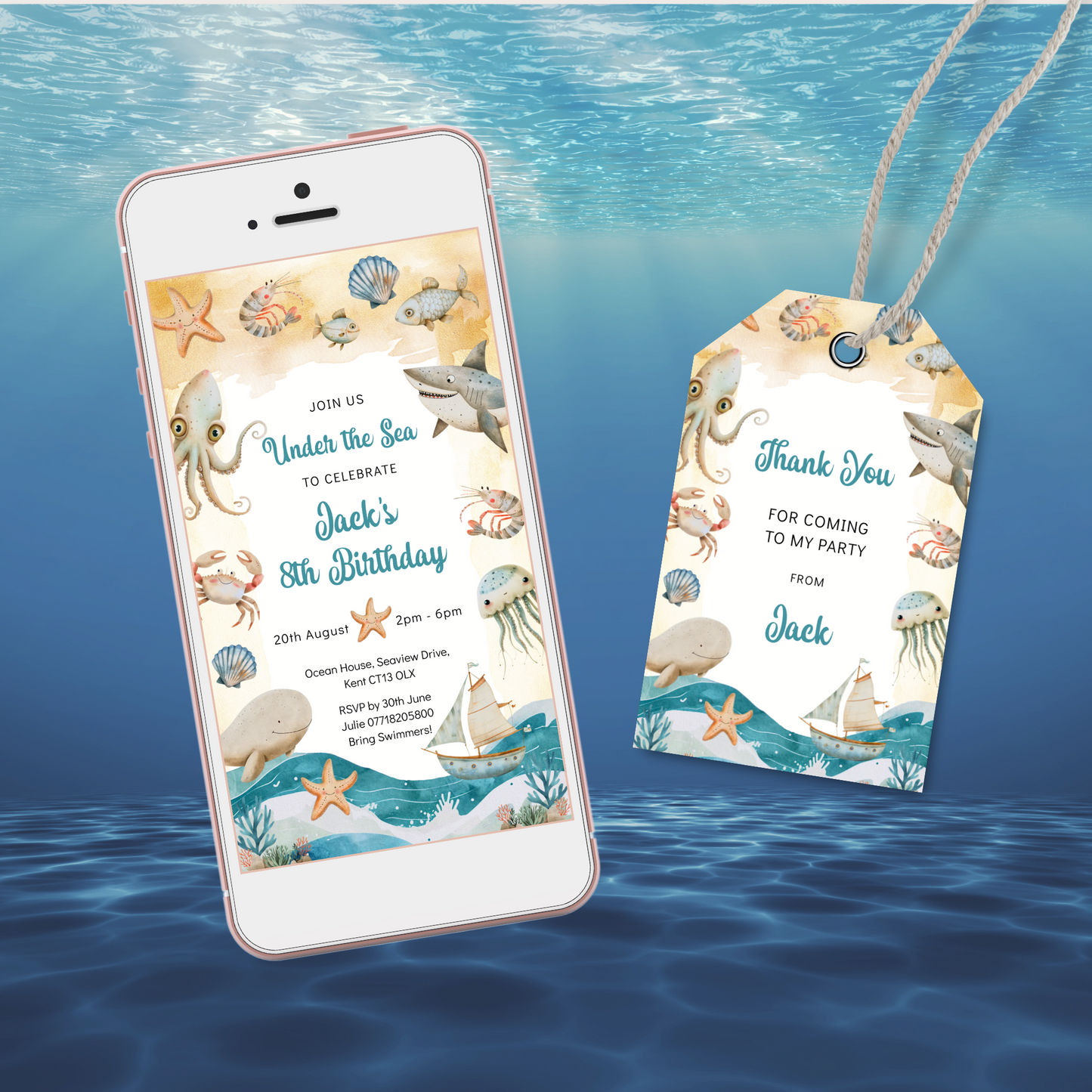 Editable Phone Birthday Invitation and FREE Thank You Tag - Under the Sea Boy