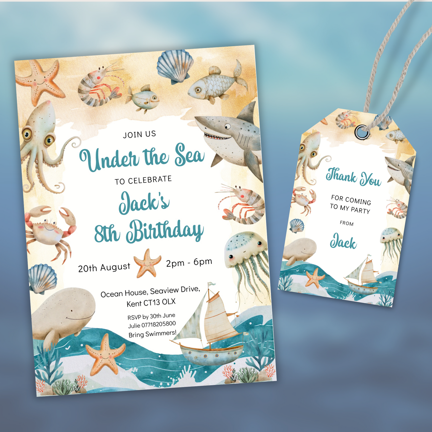 Editable Birthday Invitation and FREE Thank You Tag - Under the Sea Boy