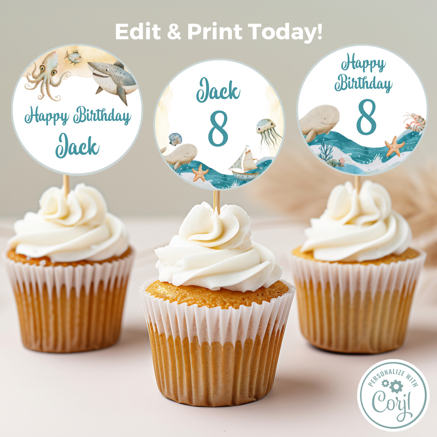 Editable Birthday Cupcake Toppers - Under the Sea Boy