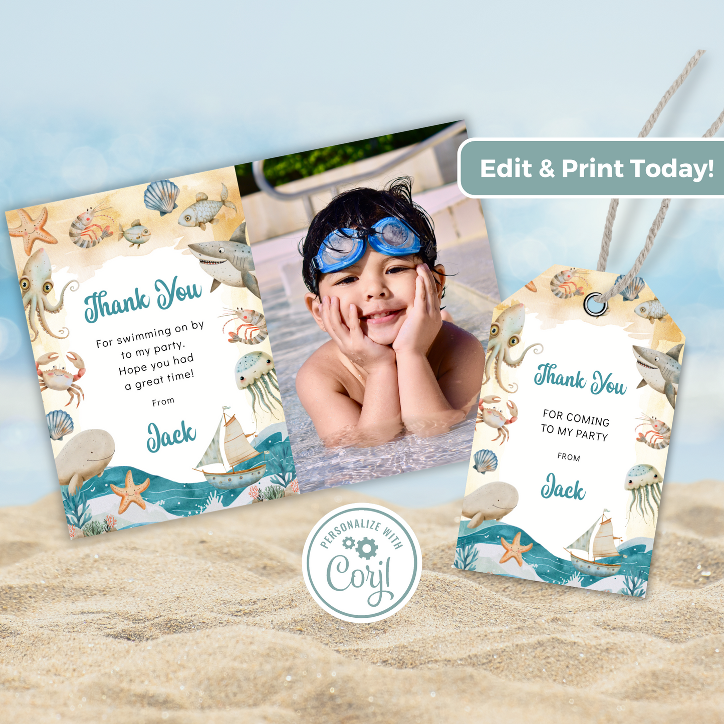 Editable Thank You Card - Under the Sea Boy