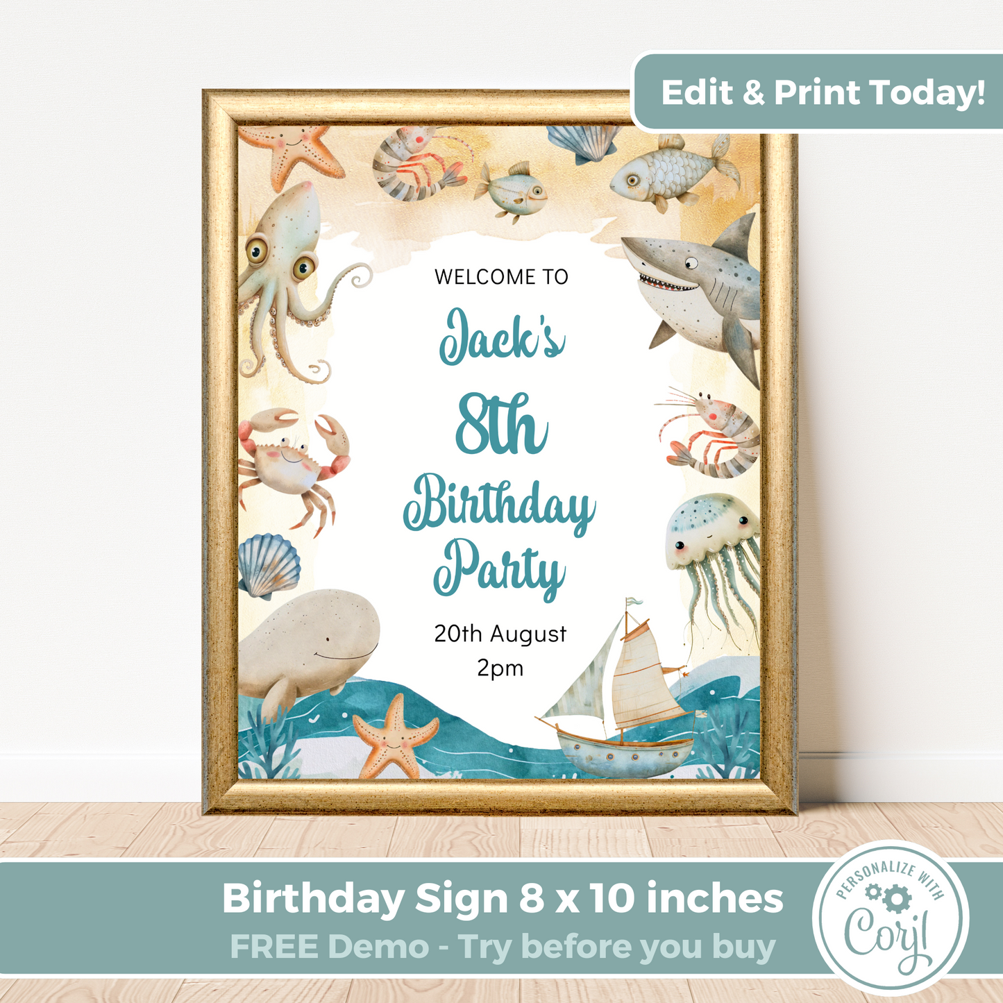 Editable Birthday Welcome Sign - Under the Sea Boy