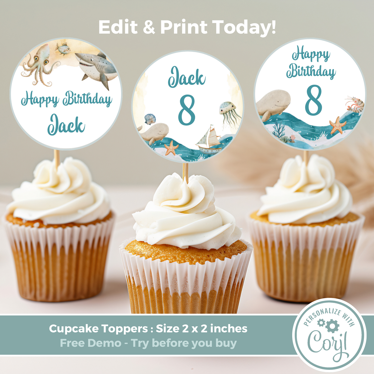 Editable Birthday Cupcake Toppers - Under the Sea Boy