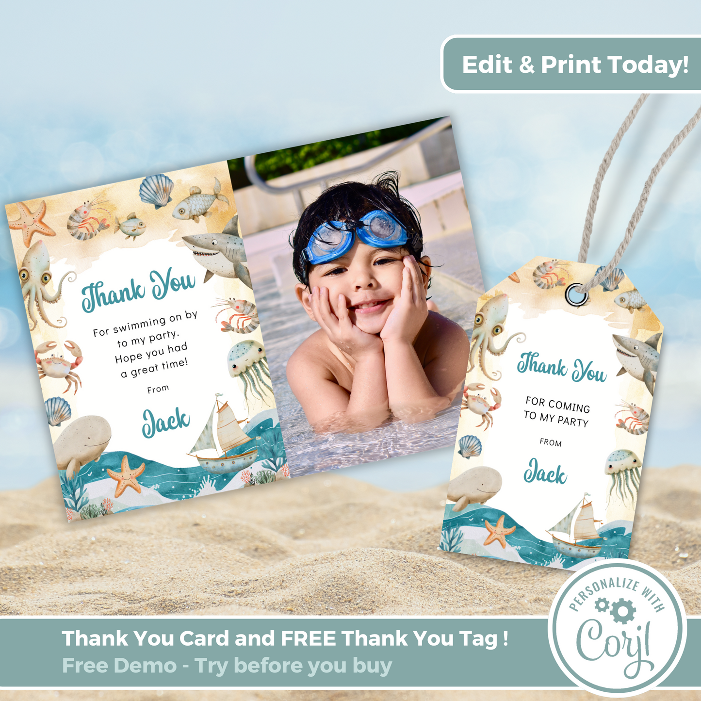 Editable Thank You Card - Under the Sea Boy