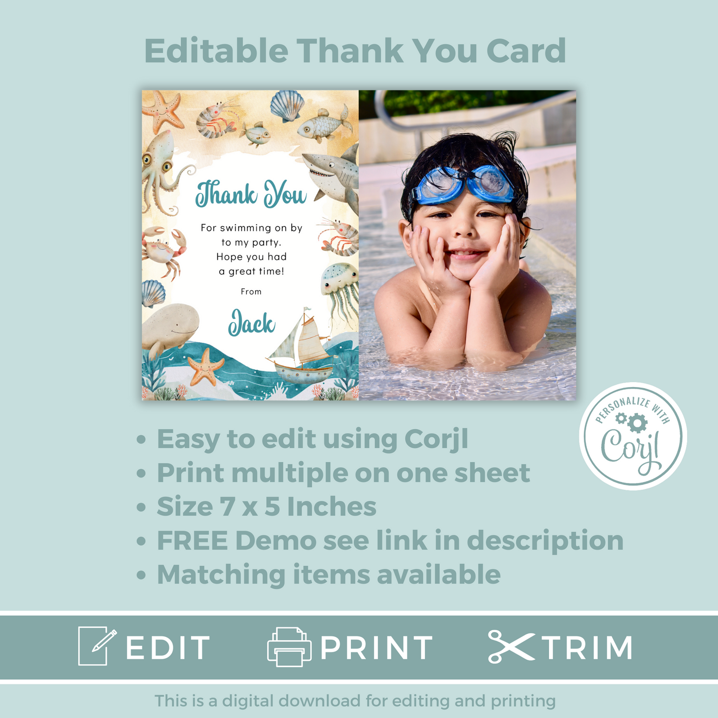 Editable Thank You Card - Under the Sea Boy