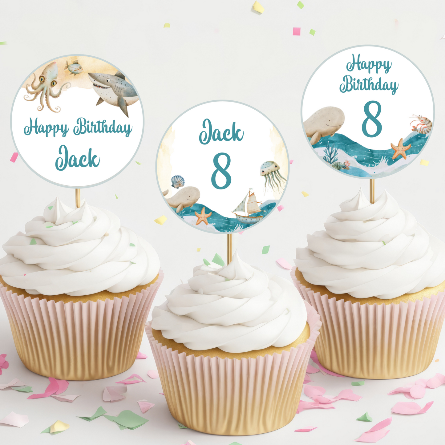 Editable Birthday Cupcake Toppers - Under the Sea Boy