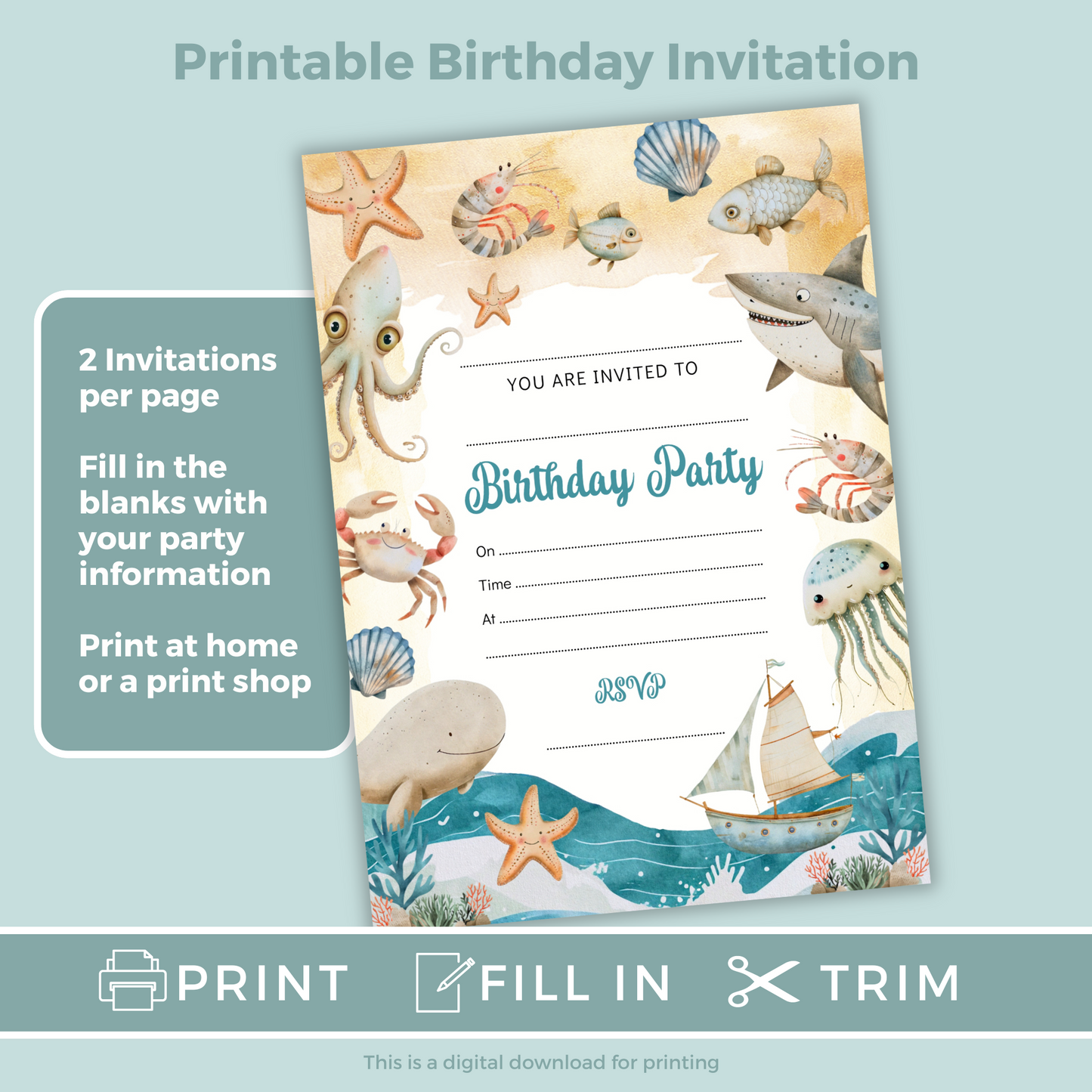 Printable Fill In Birthday Invitation - Under the Sea