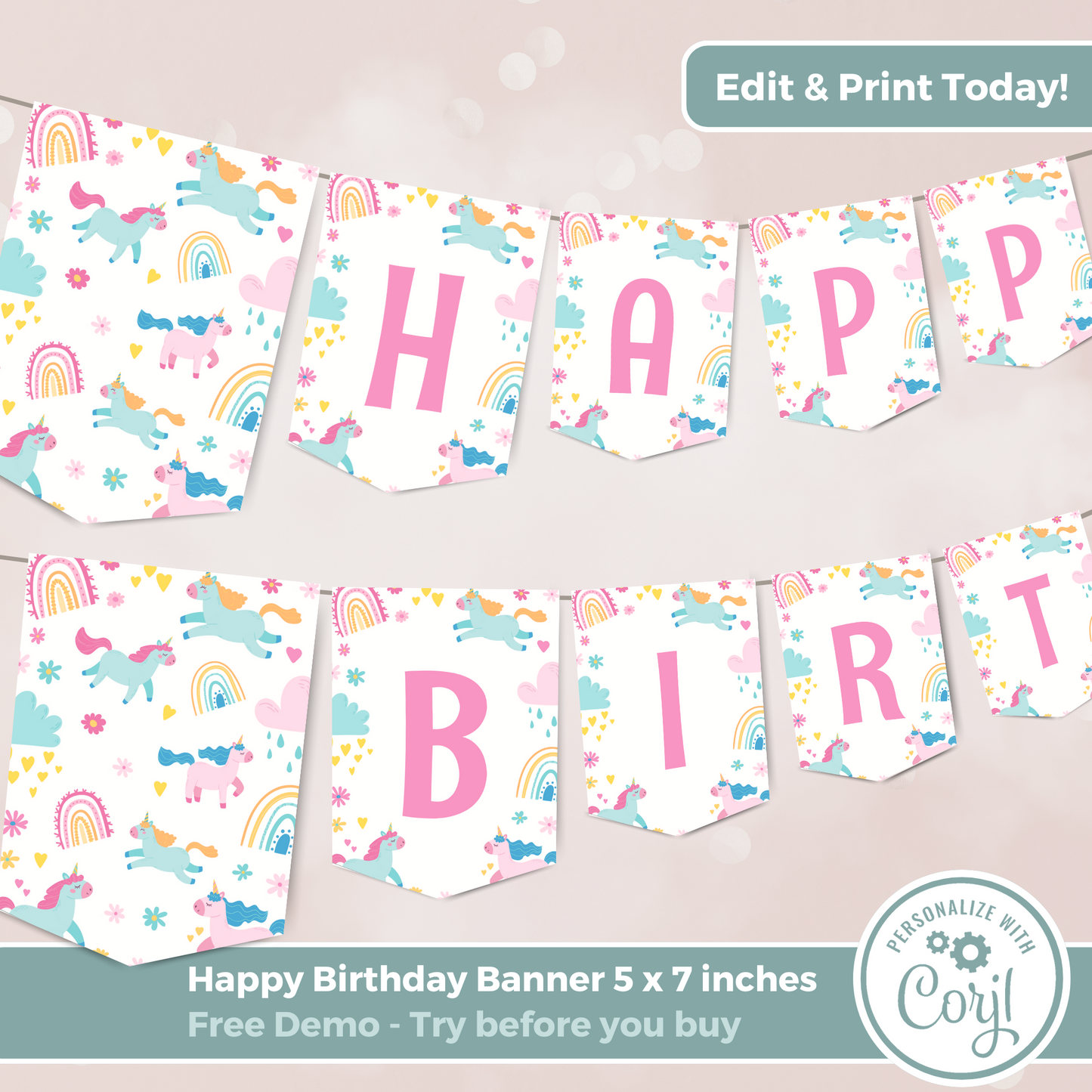 Editable Birthday Banner - Unicorn