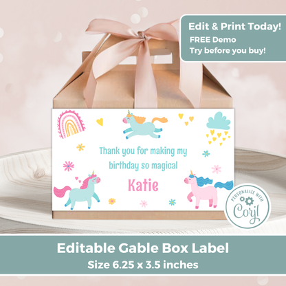 Editable Birthday Gable Box Label - Unicorn