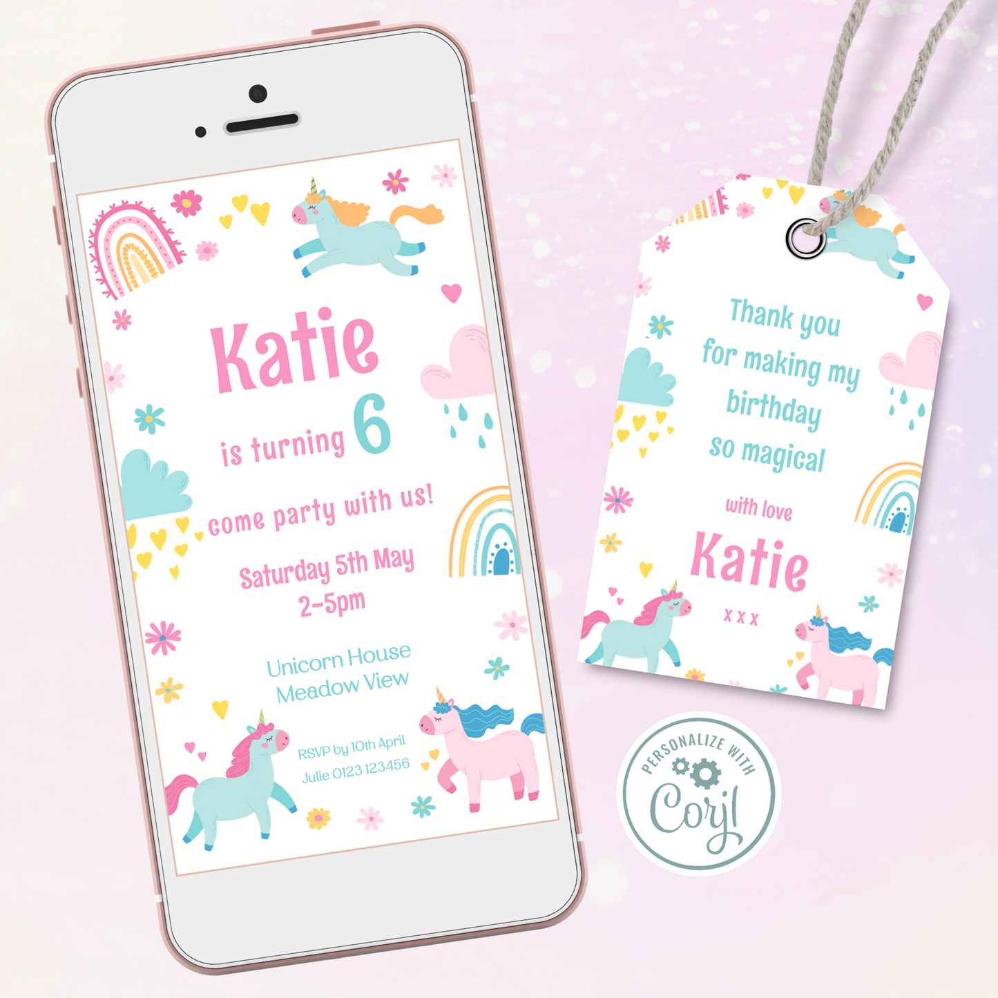 Editable Phone Birthday Invitation and FREE Thank You Tag - Unicorn
