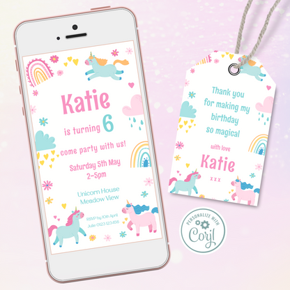 Editable Phone Birthday Invitation and FREE Thank You Tag - Unicorn