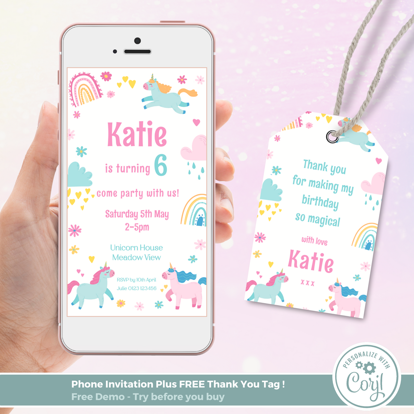 Editable Phone Birthday Invitation and FREE Thank You Tag - Unicorn
