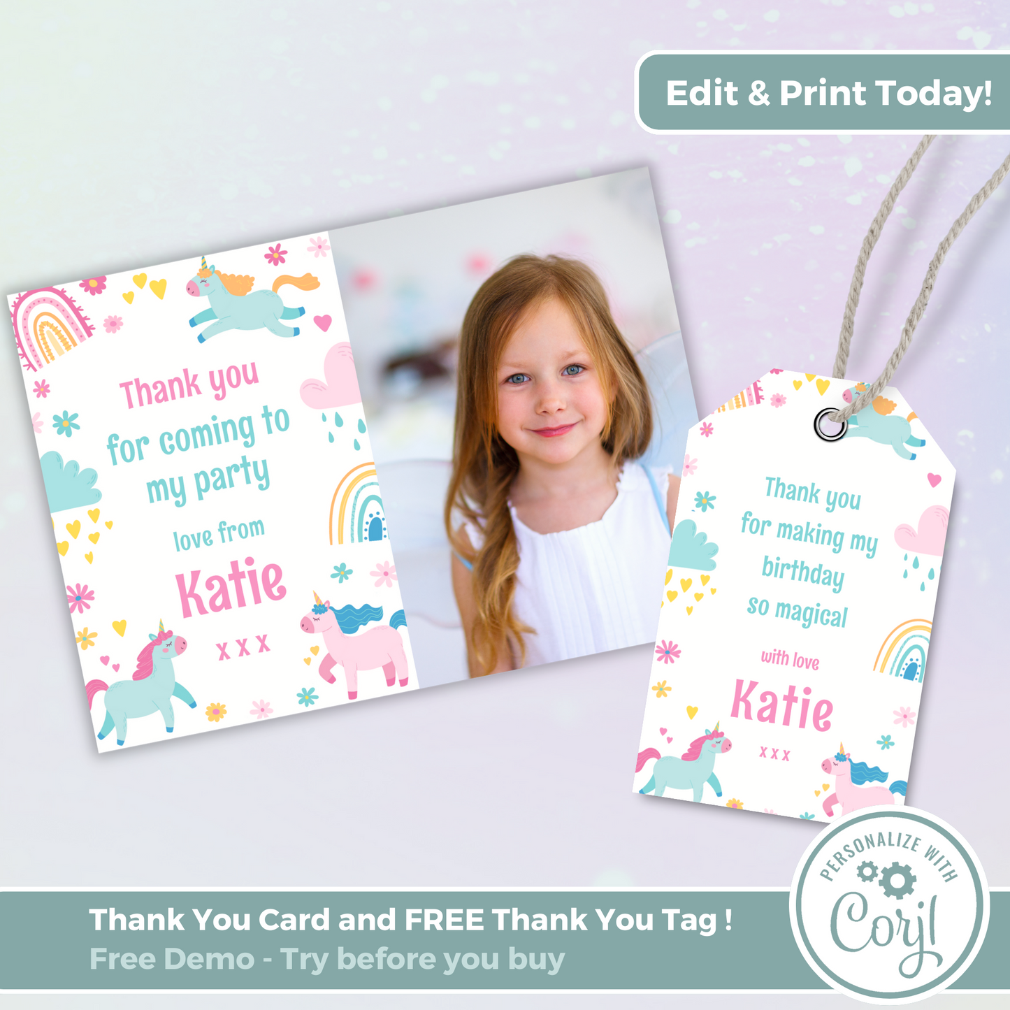 Editable Thank You Card - Unicorn