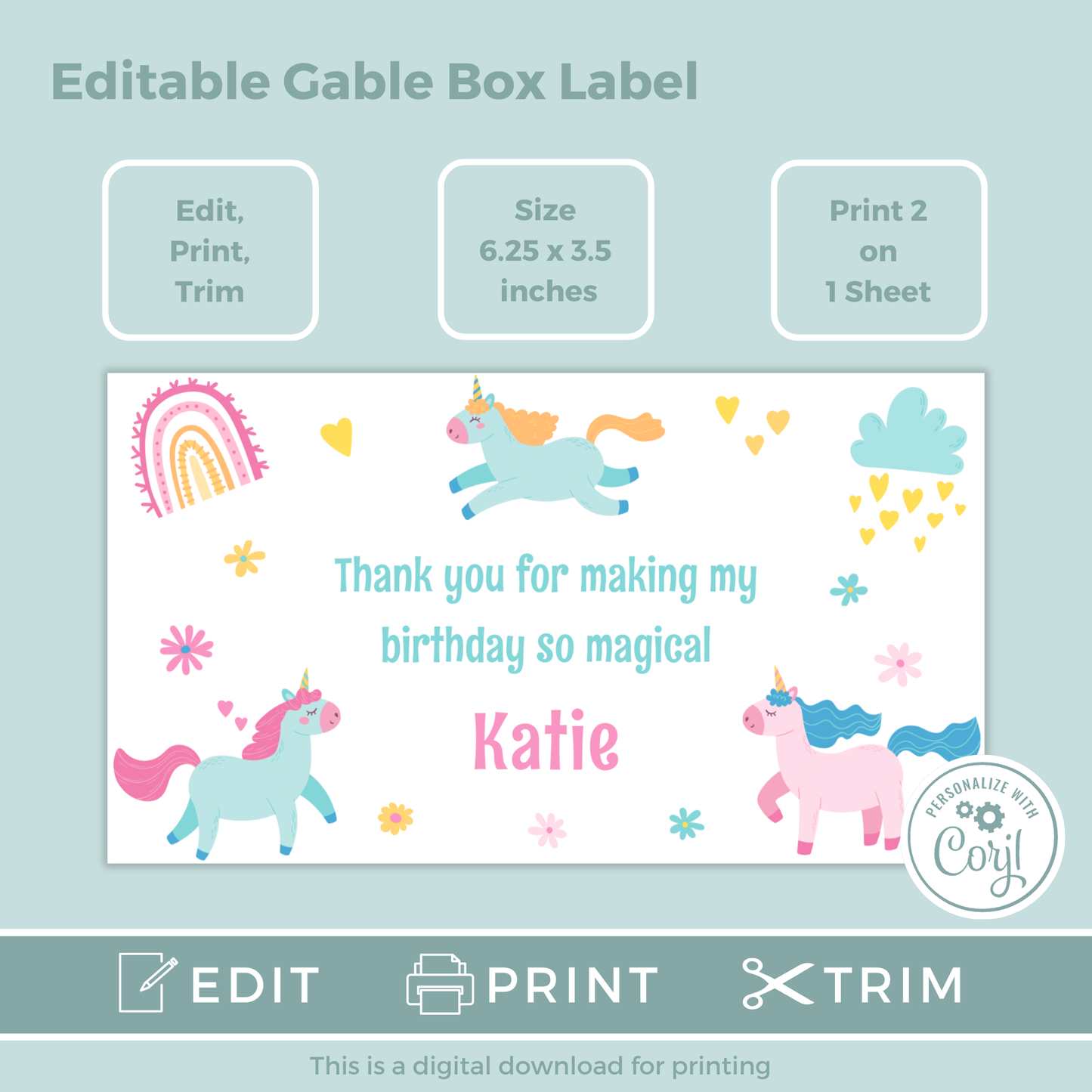 Editable Birthday Gable Box Label - Unicorn