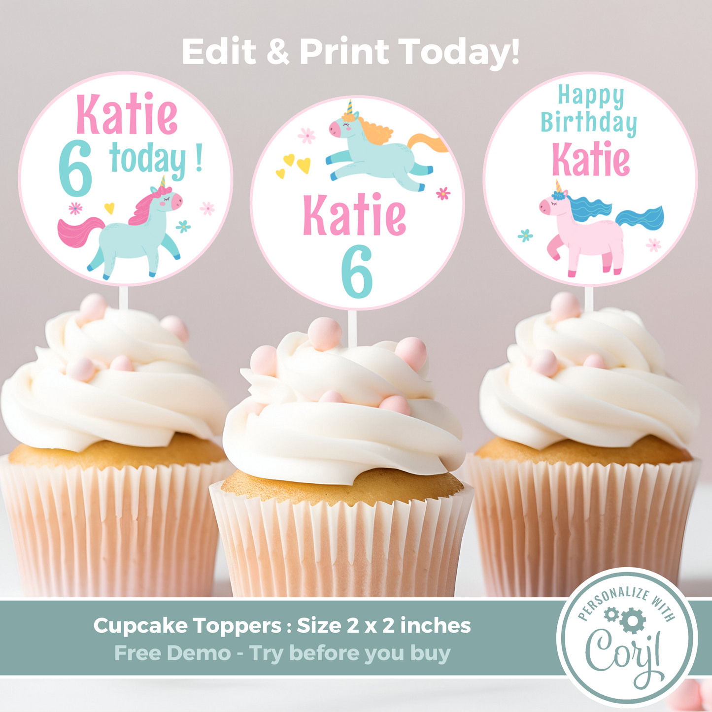 Editable Birthday Cupcake Toppers - Unicorn