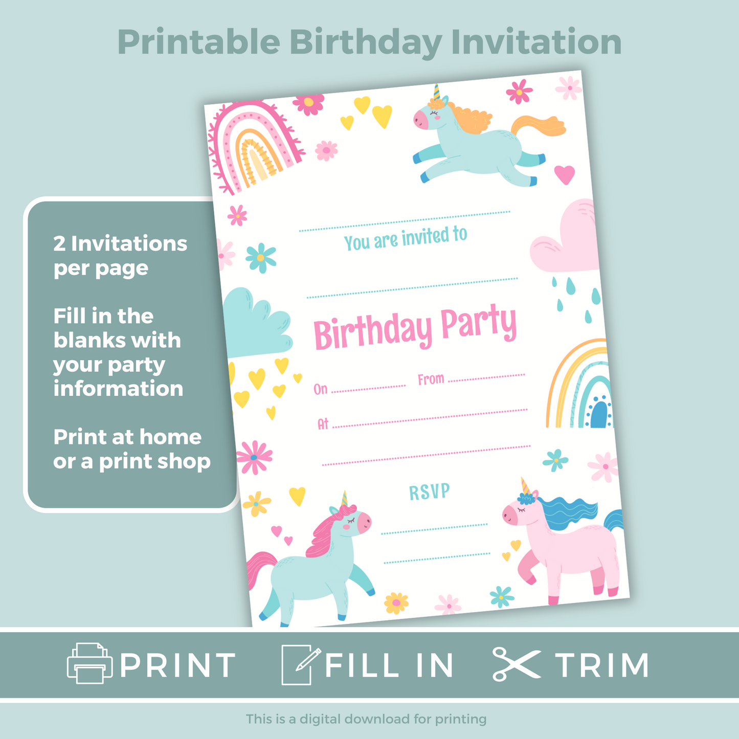 Printable Fill In Birthday Invitation - Unicorn