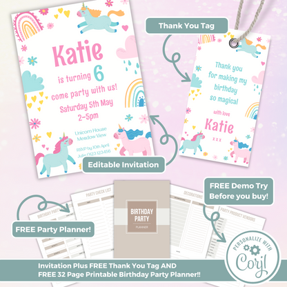 Editable Birthday Invitation and FREE Thank You Tag - Unicorn