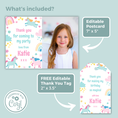 Editable Thank You Card - Unicorn