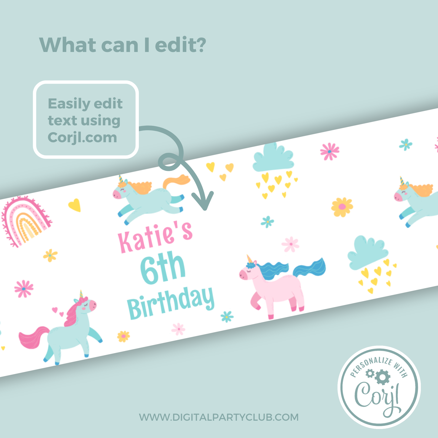 Editable Birthday Water Bottle Label - Unicorn