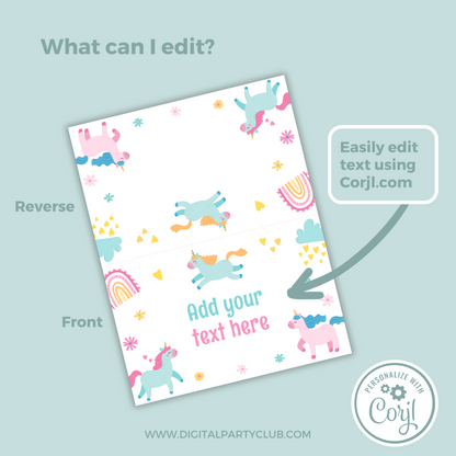 Editable Birthday Food Label / Name Card - Unicorn