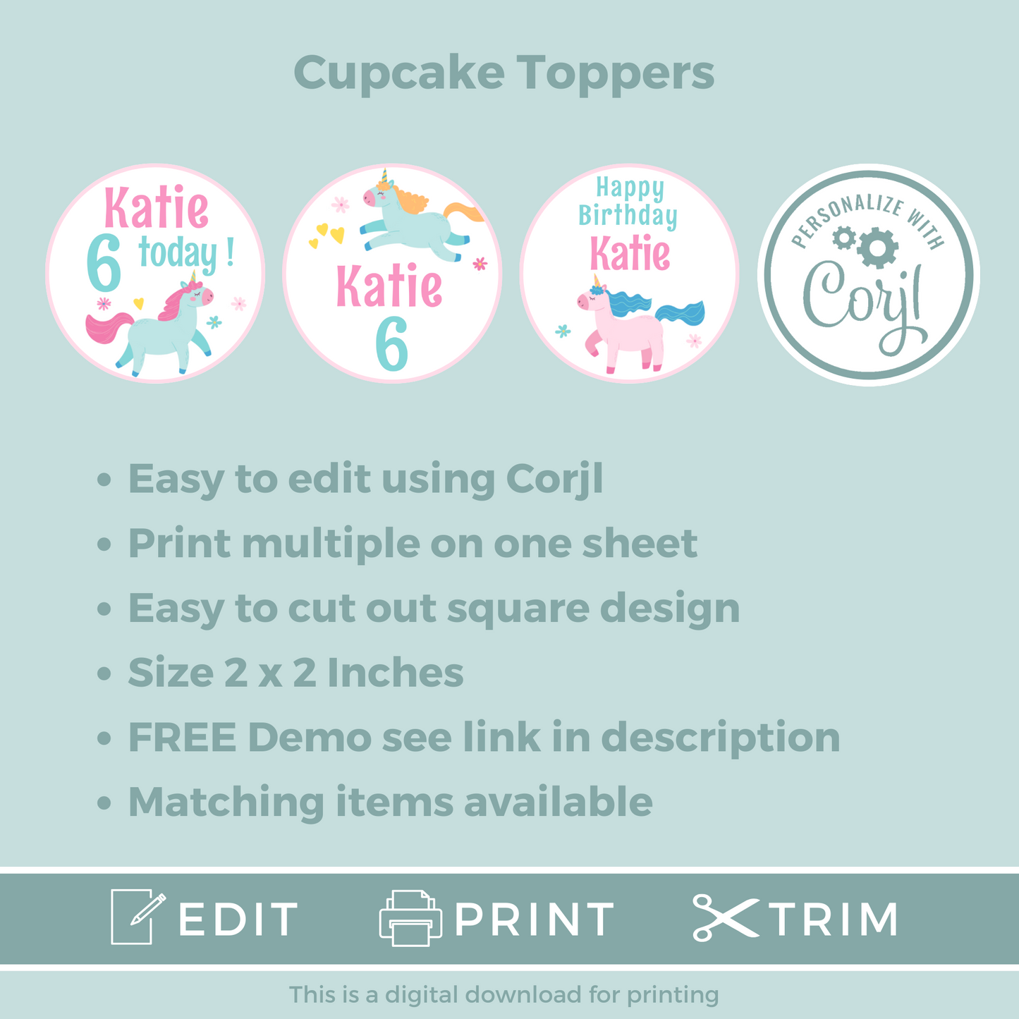 Editable Birthday Cupcake Toppers - Unicorn