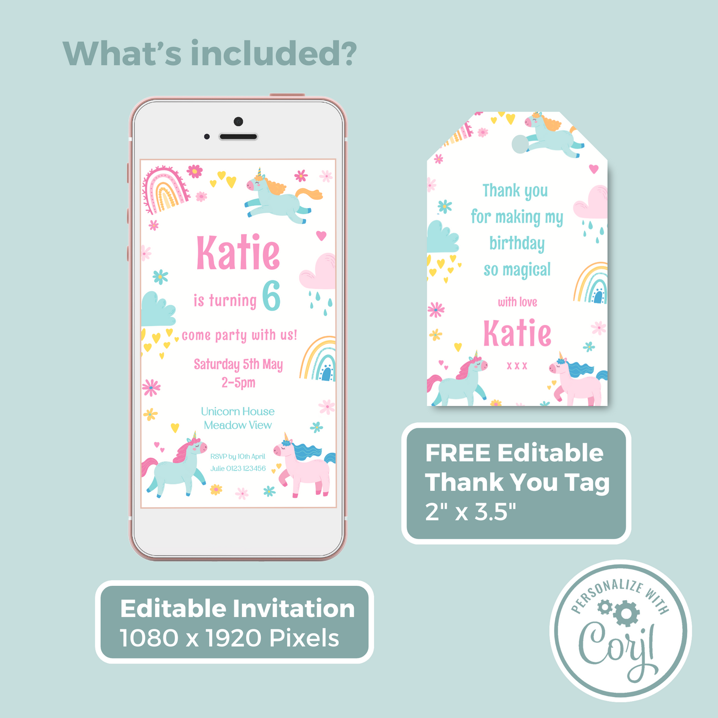 Editable Phone Birthday Invitation and FREE Thank You Tag - Unicorn