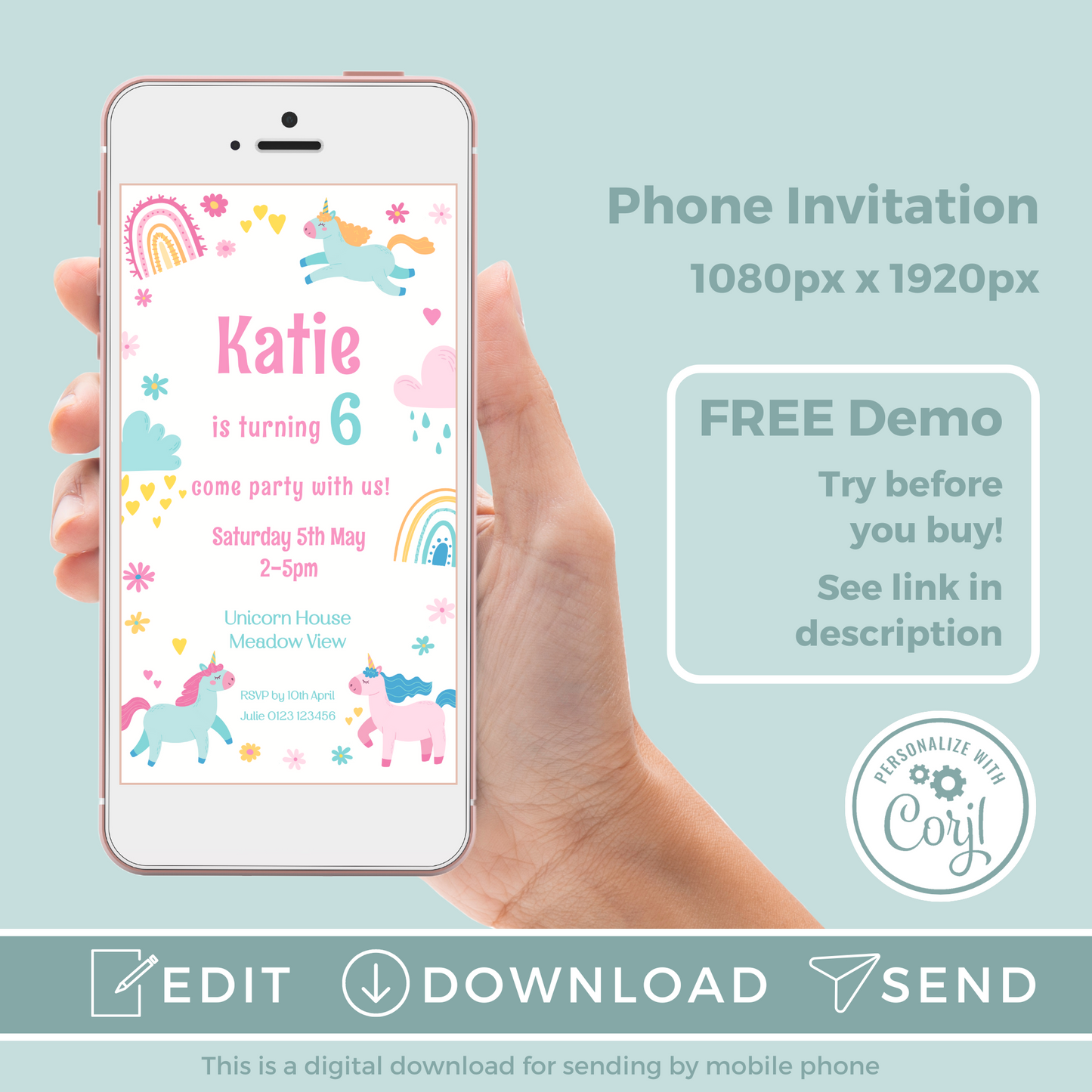 Editable Phone Birthday Invitation and FREE Thank You Tag - Unicorn